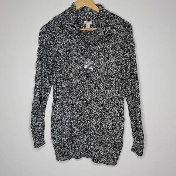 L.L. Bean Small Black White Knit‎ Long Sleeve Button Down Wide Collared Jacket - Picture 1 of 5